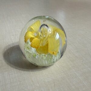 Vintage Yellow Floral Glass Paperweight